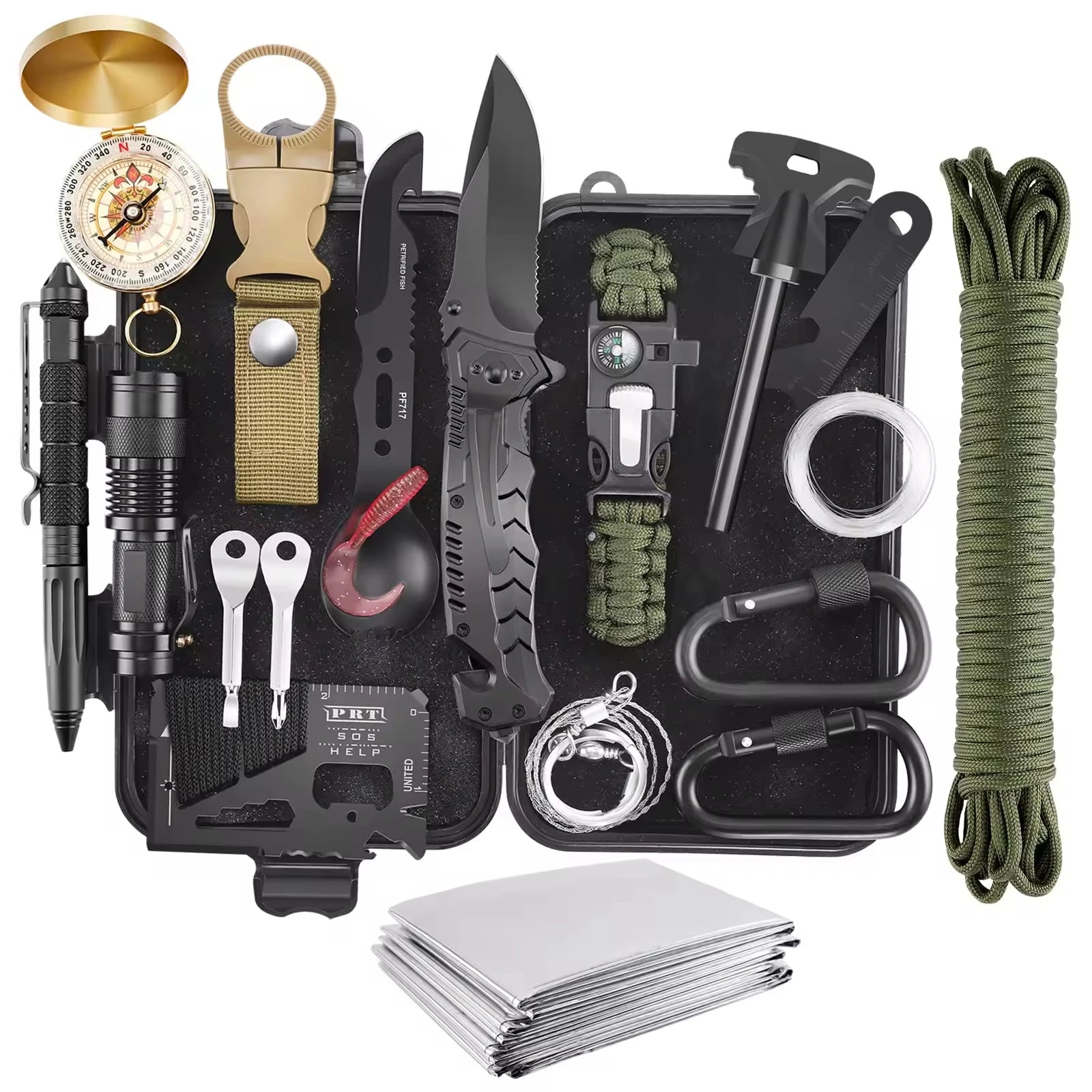 Kit de survie professionnel 20 en 1 - Équipement tactique d'urgence avec matériel de premiers secours pour la randonnée, la chasse et les situations d'urgence.
