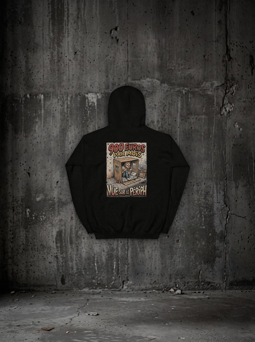 Hoodie 900 euros par mois, vue sur le périph noir, dos, sur mur béton