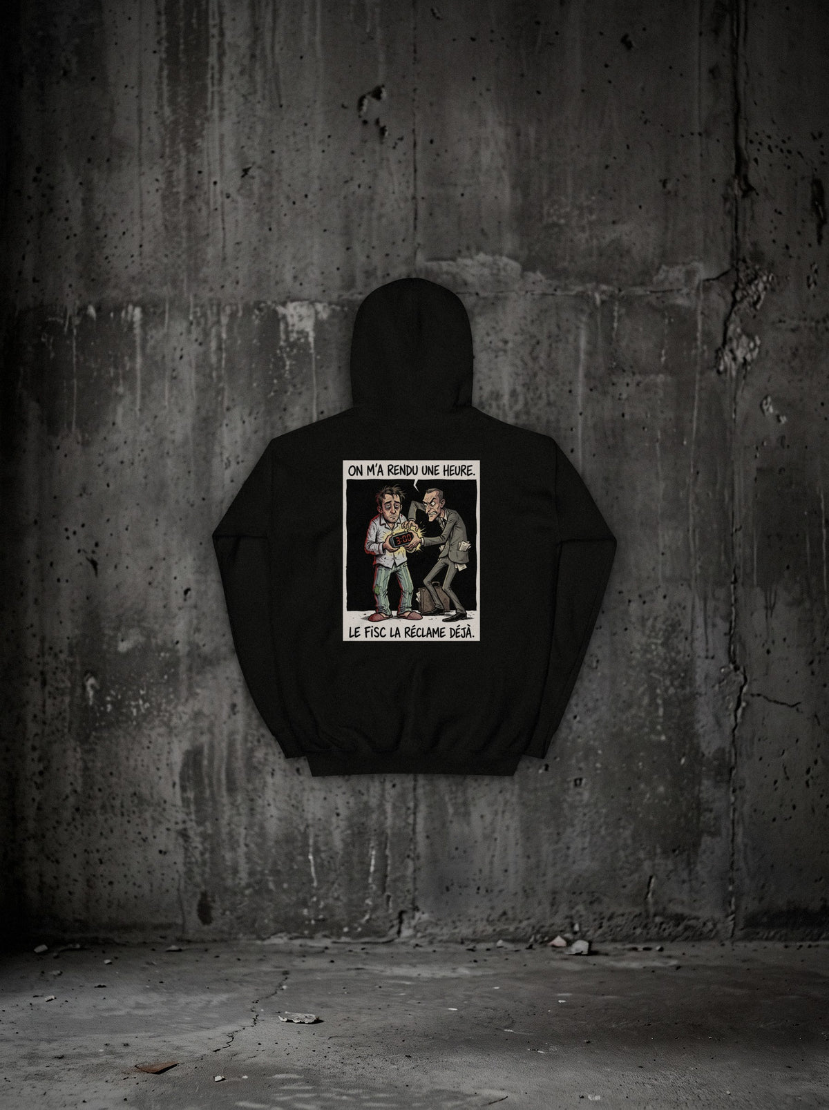 Hoodie On m'a rendu une heure noir, dos, sur mur béton