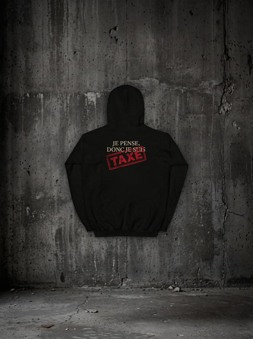 Hoodie Je pense, donc je suis taxé noir, dos, sur mur béton