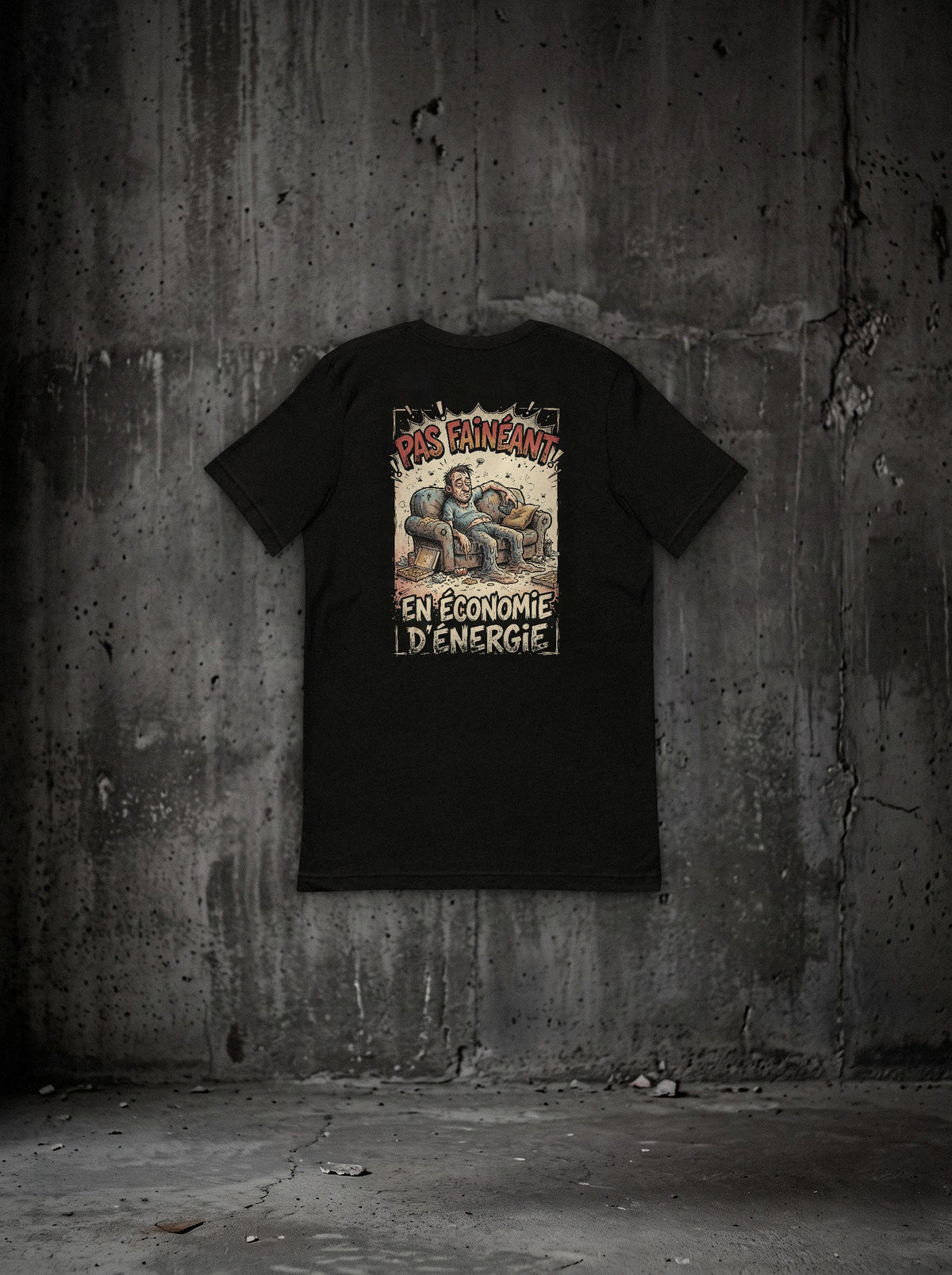 T-shirt Pas fainéant, en économie d'énergie noir, dos, sur mur béton