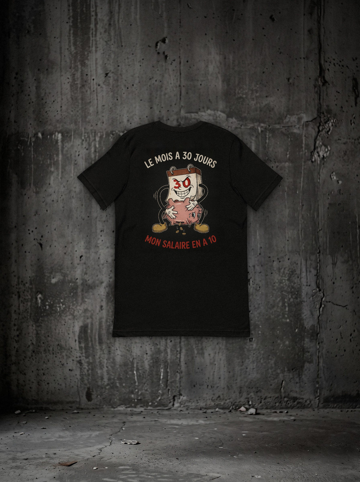 T-shirt Le mois a 30 jours noir, dos, sur mur béton