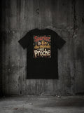 T-shirt Souriez, la fin du monde est proche noir, dos, sur mur béton
