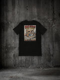 T-shirt 900 euros par mois, vue sur le périph noir, dos, sur mur béton (mockup Printful dos, vêtement seul)