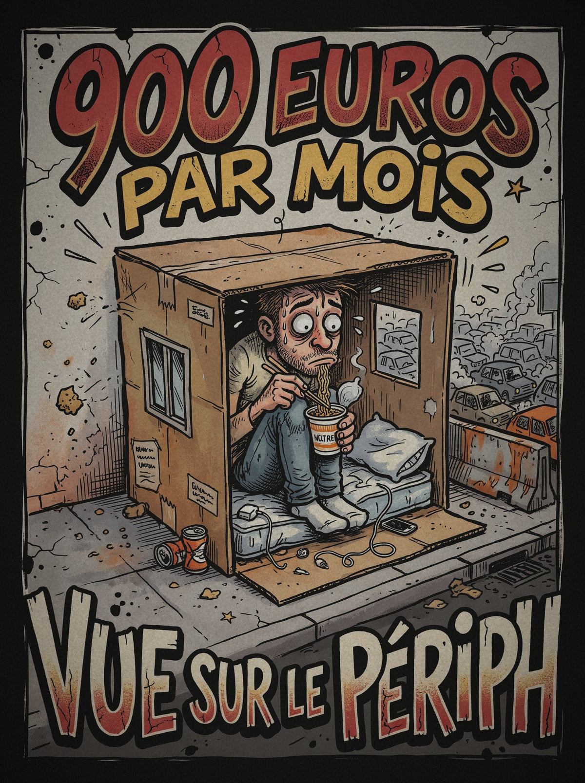Détail de l'impression 900 euros par mois, vue sur le périph
