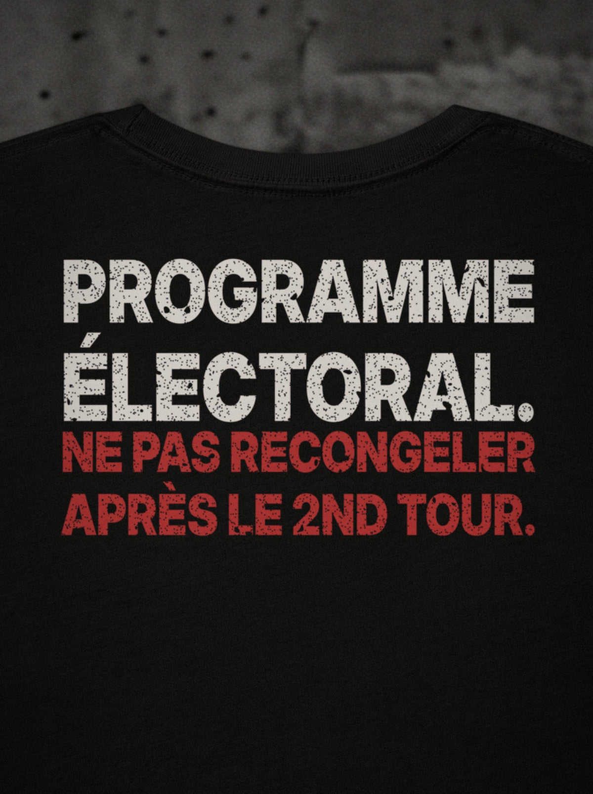 T-shirt Programme électoral SURVIVORRR, détail de l'impression