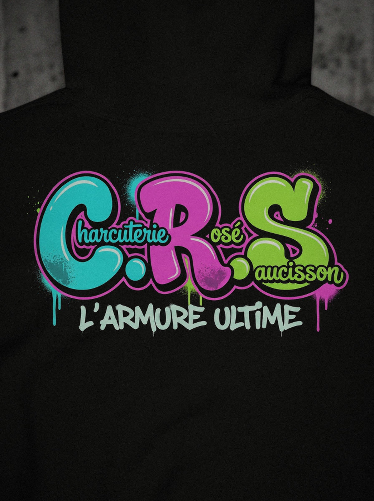 Hoodie C.R.S SURVIVORRR, Néon, détail de l'impression