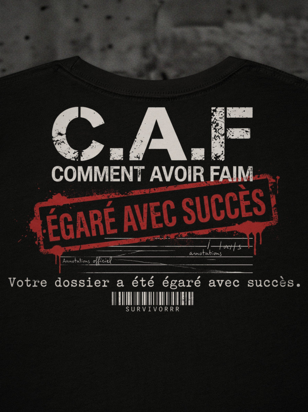 T-shirt C.A.F SURVIVORRR, détail de l'impression