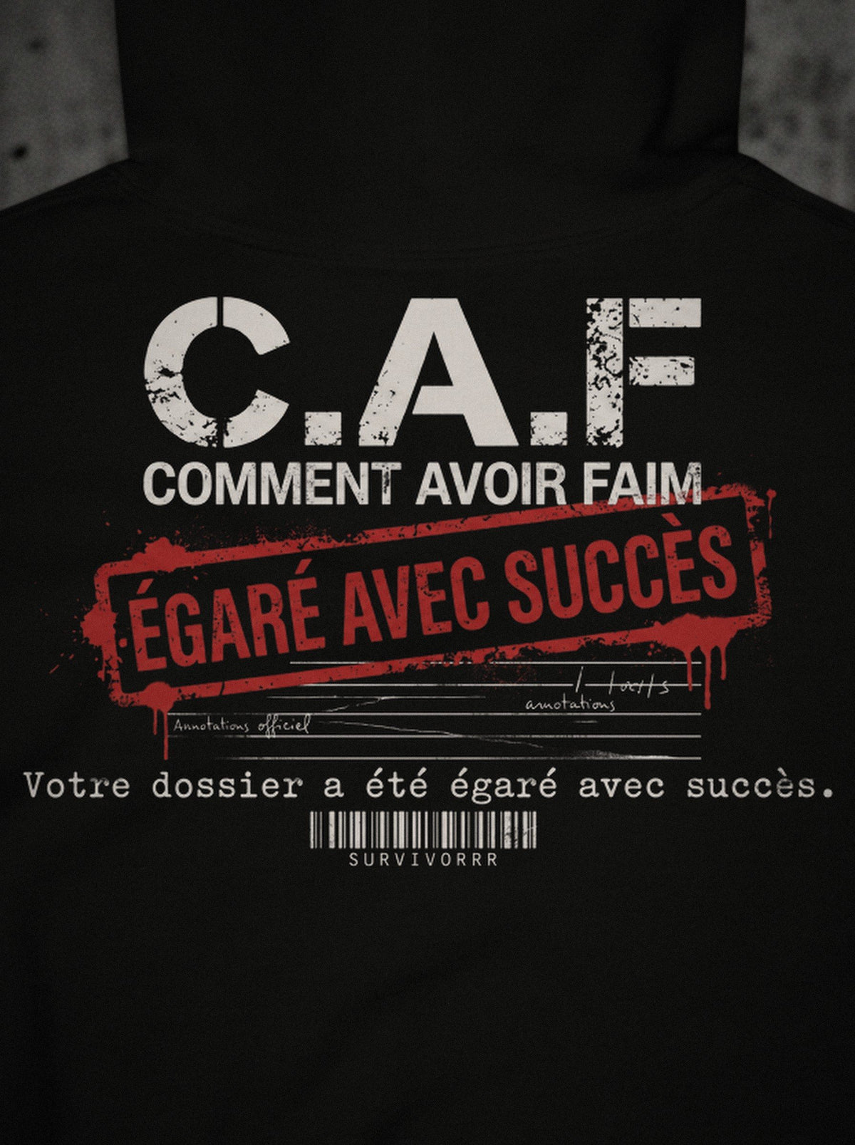 Hoodie C.A.F SURVIVORRR, détail de l'impression