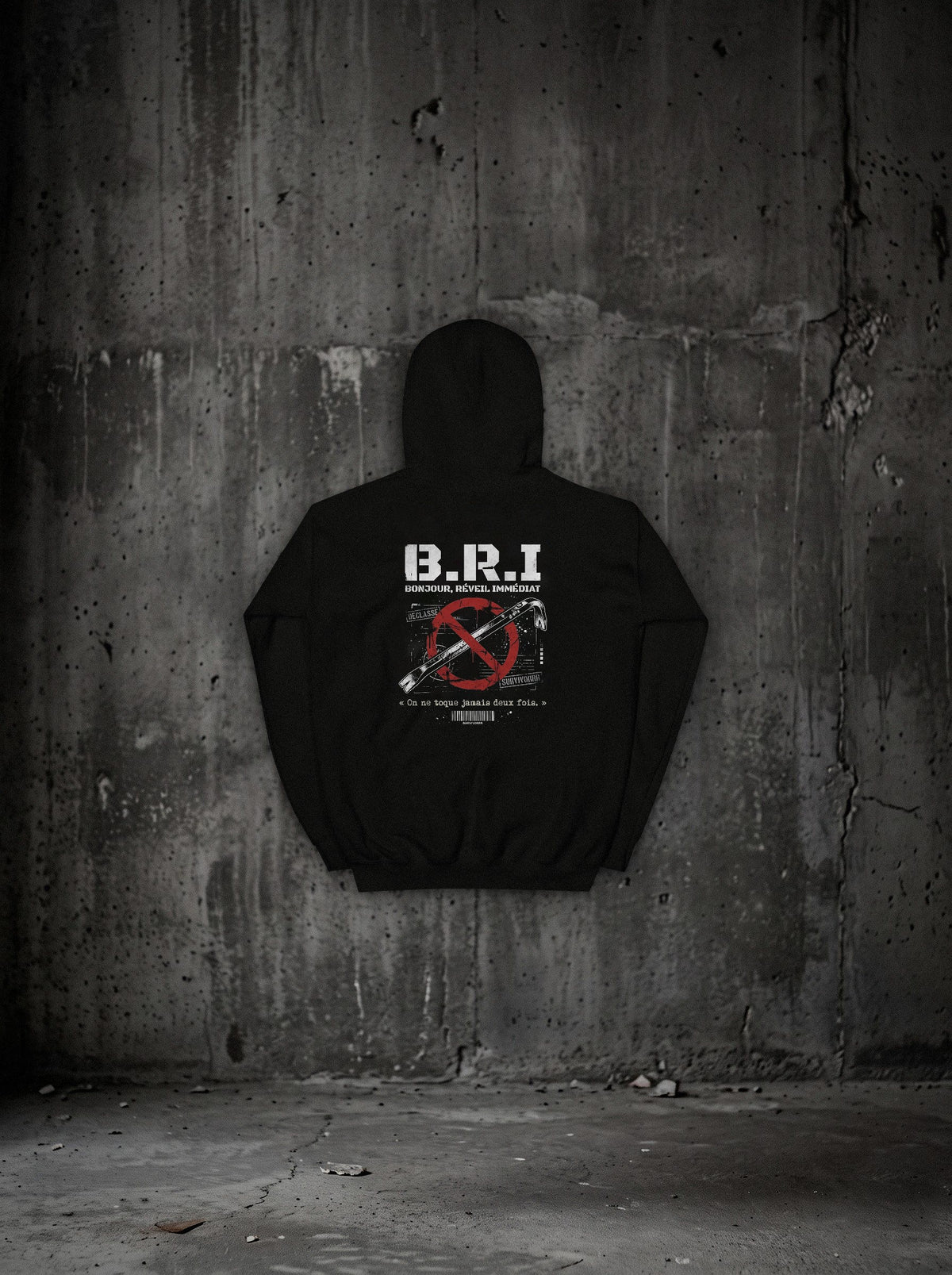 Hoodie B.R.I SURVIVORRR, vue dos sur mur béton