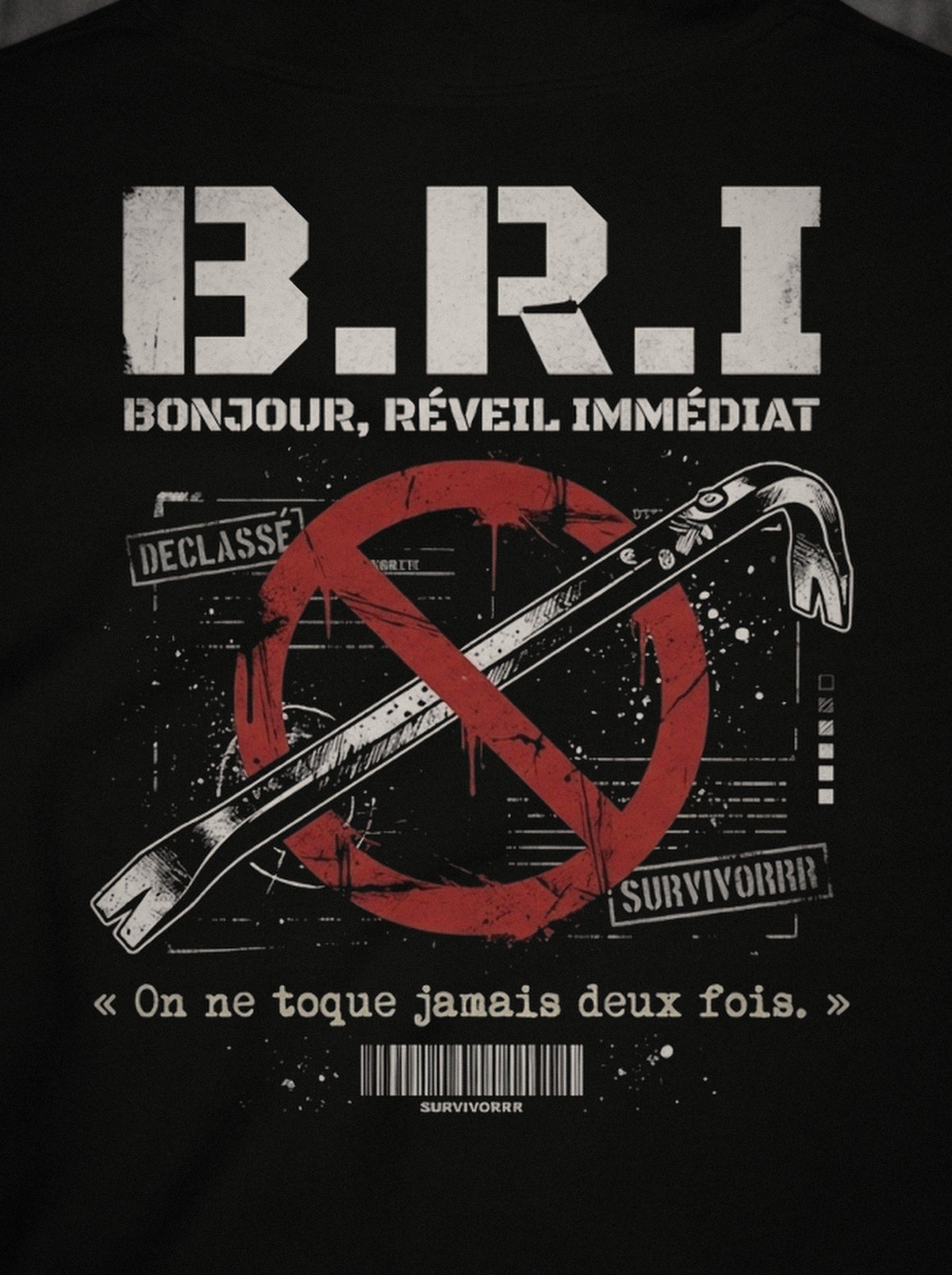 Hoodie B.R.I SURVIVORRR, détail de l'impression