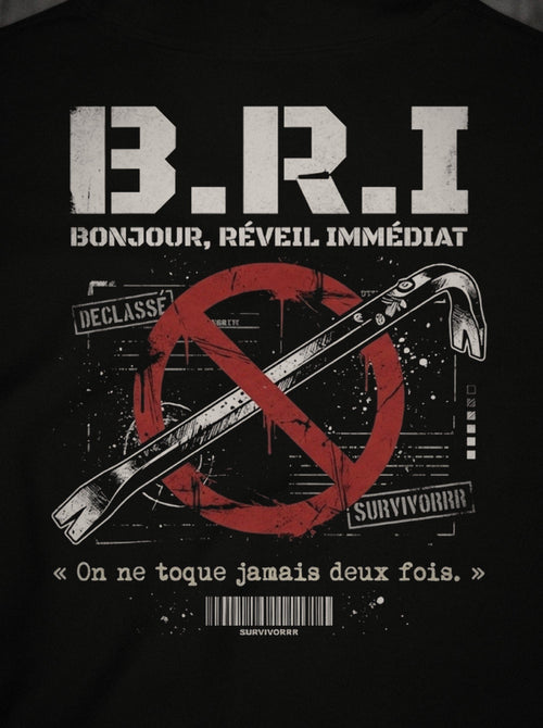 Hoodie B.R.I SURVIVORRR, détail de l'impression