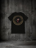 T-shirt Sueur noir, dos, sceau Notre sueur finance / Votre incompétence, mur béton