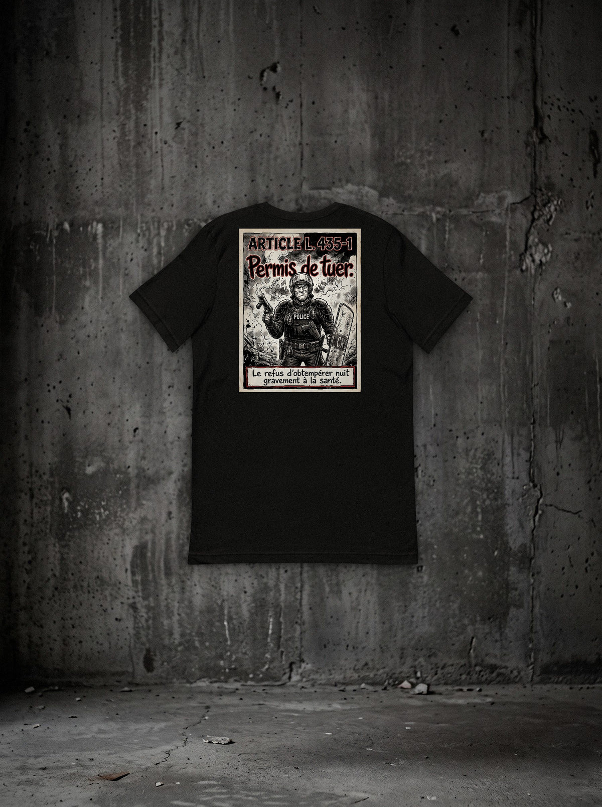 T-shirt Article L. 435-1 noir, dos, sur mur béton