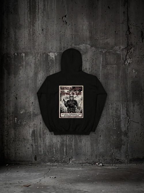 Hoodie Article L. 435-1 noir, dos, sur mur béton