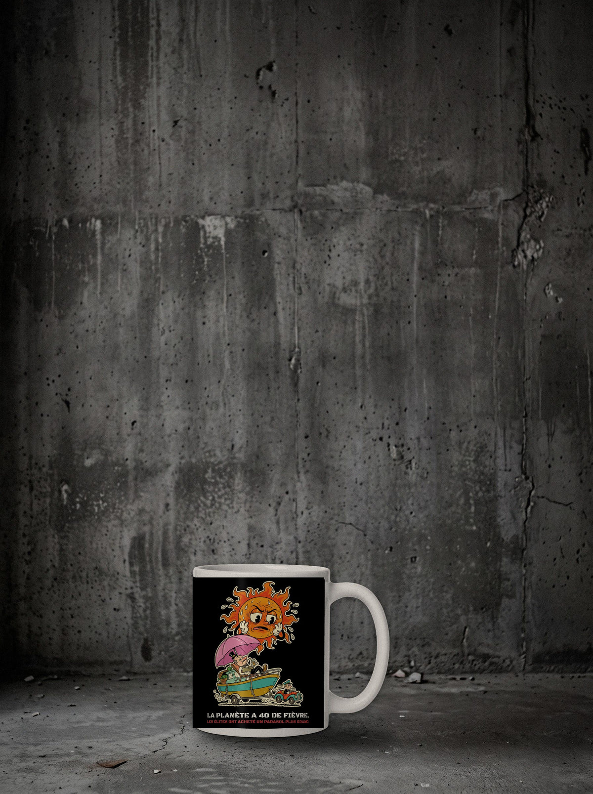 Mug La planète a 40 de fièvre posé sur sol béton